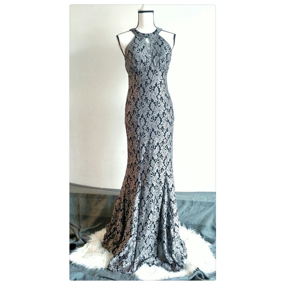 Black and Silver Glittery Lace Mermaid Halter Gown